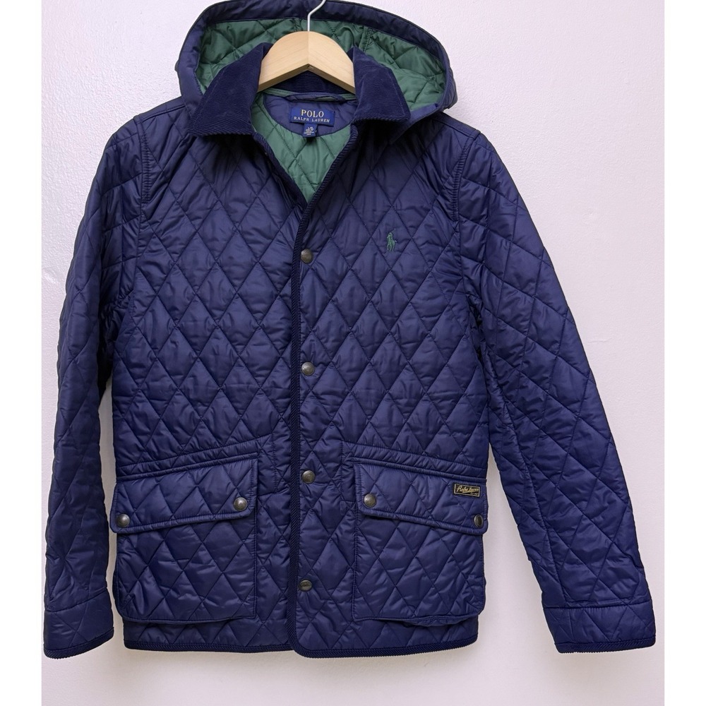 POLO Ralph Lauren Jacket Size 14-16 Youth Large Navy Blue Hooded Diamond Quilted